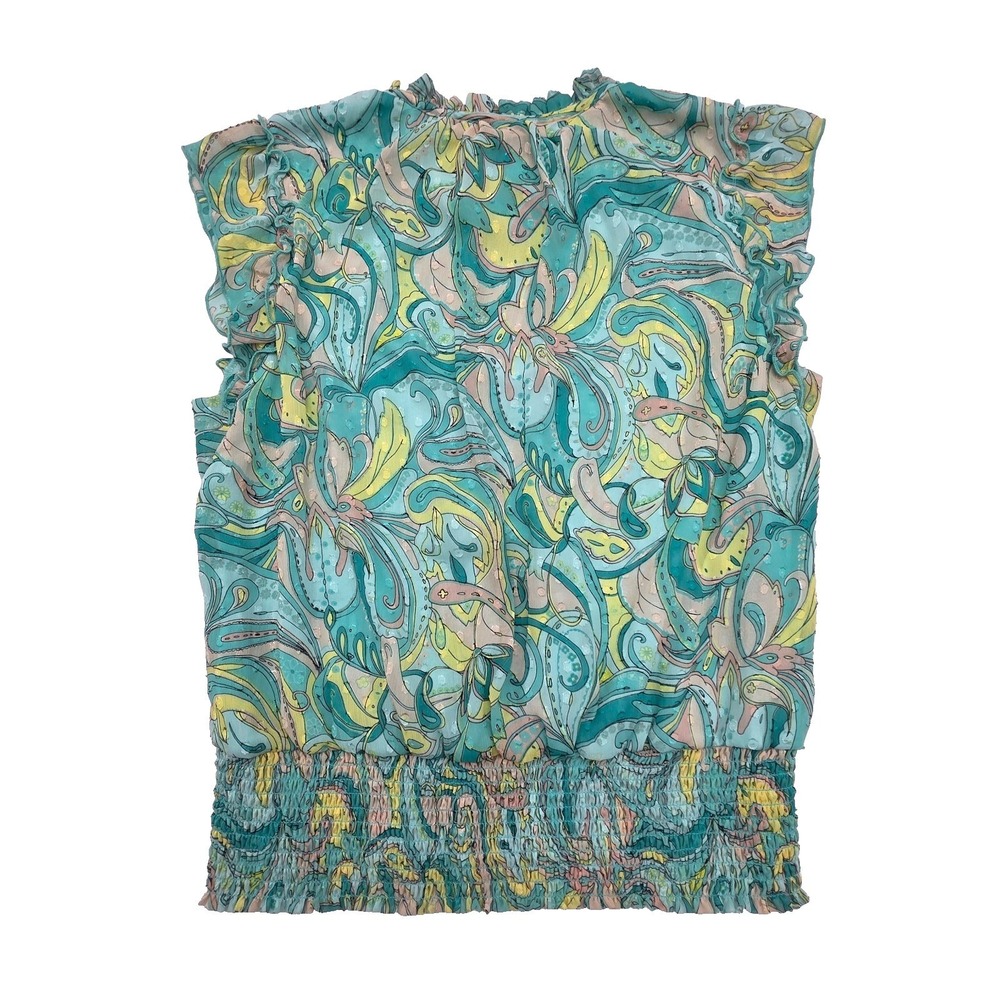 Tamara H Womens Paisley Clip Dot Blouse Smocked Hem Ruffle Neck Turquoise Large - Picture 2 of 10